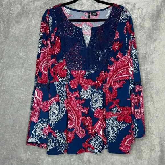New Direction 3X Shirt Top Navy Blue Paisley Bell Long Sleeve Split Scoop Neck - Picture 1 of 7